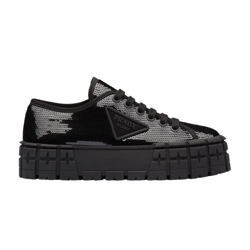 Prada Wmns Gabardine Double Wheel Platform 'Black Sequins'