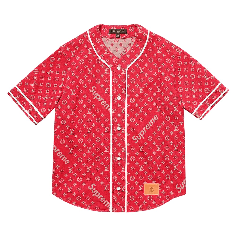 Louis Vuitton x Supreme Jacquard Denim Baseball Jersey Red