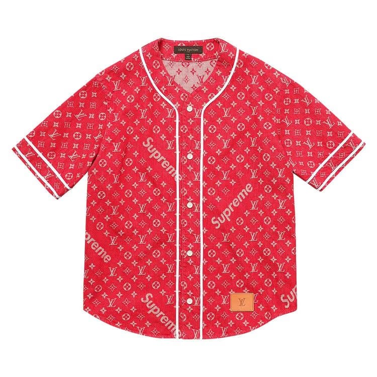 Louis Vuitton x Supreme Jacquard Denim Baseball Jersey Red