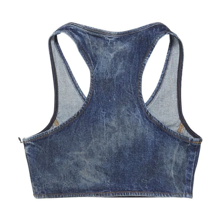 Diesel Denim Crystal Logo Cropped Top Blue