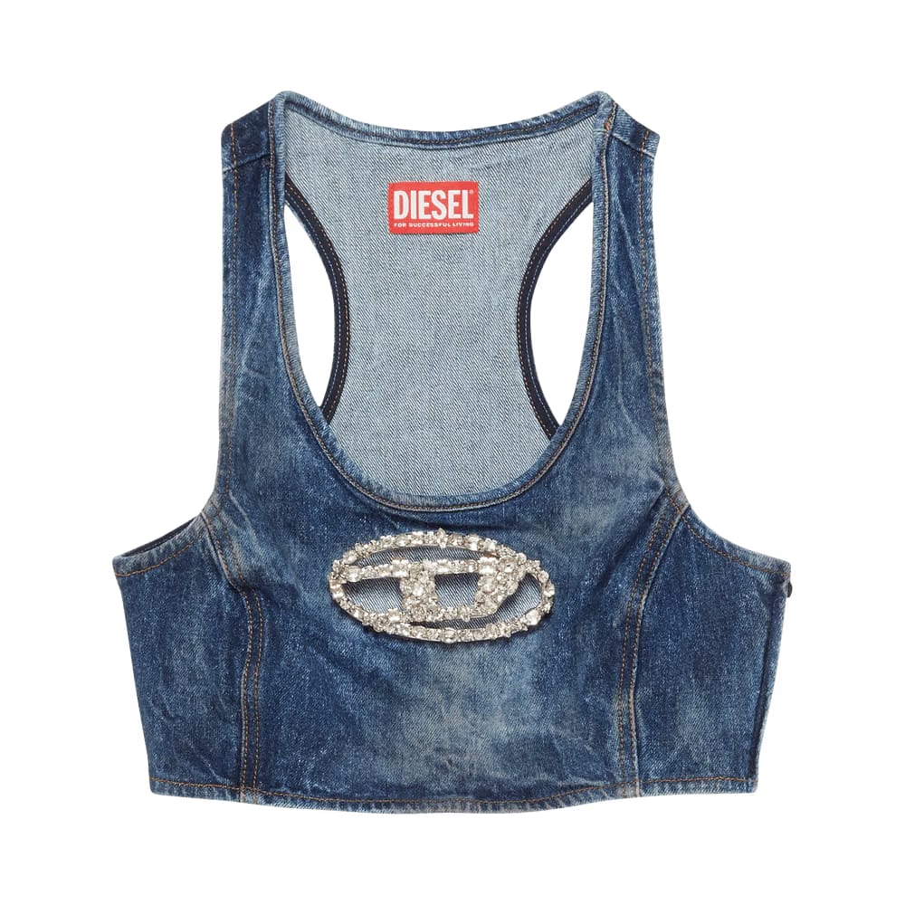 Diesel Denim Crystal Logo Cropped Top Blue