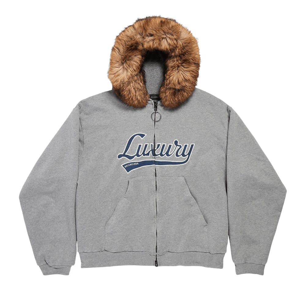 Balenciaga Faux Fur Zip Up Hoodie Dark Heather Grey/Blue