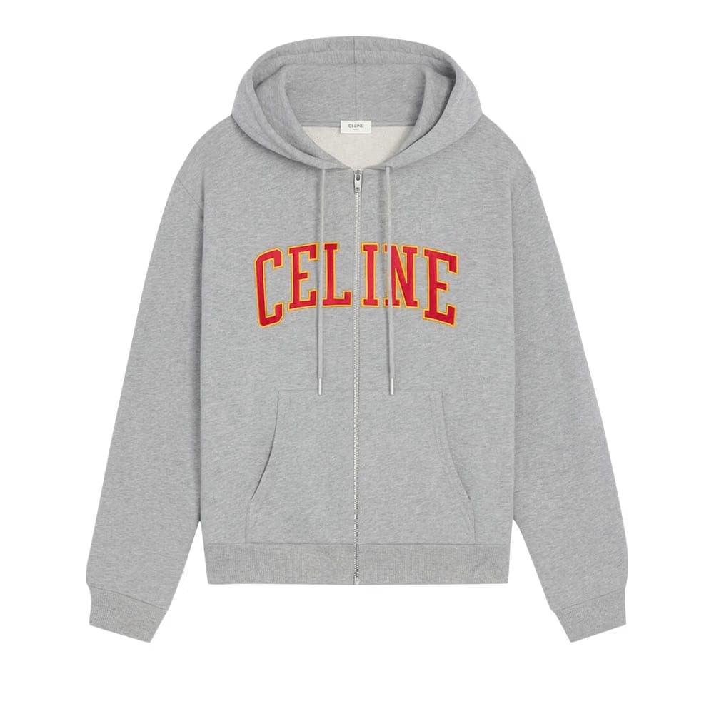 CELINE Loose Zip Up Hoodie Grey Melange/Burgundy/Yellow