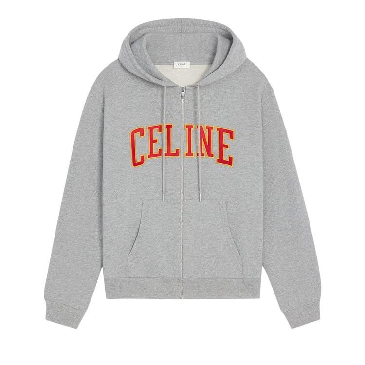 CELINE Loose Zip Up Hoodie Grey Melange/Burgundy/Yellow