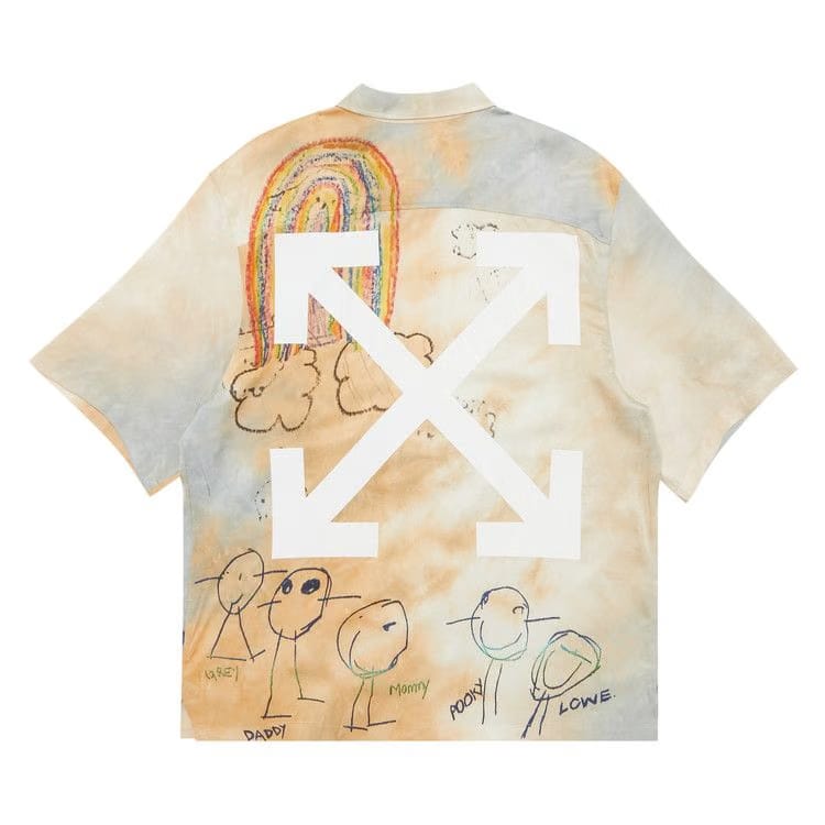 Off-White Cartoon Satin Shorts-Sleeve Shirt Beige/Multicolor