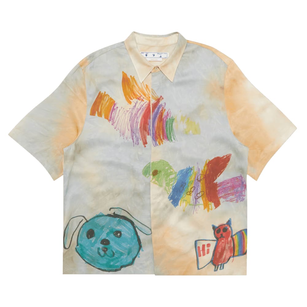 Off-White Cartoon Satin Shorts-Sleeve Shirt Beige/Multicolor