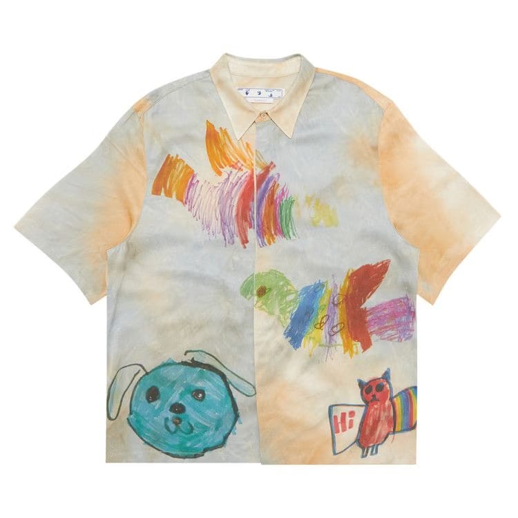 Off-White Cartoon Satin Shorts-Sleeve Shirt Beige/Multicolor