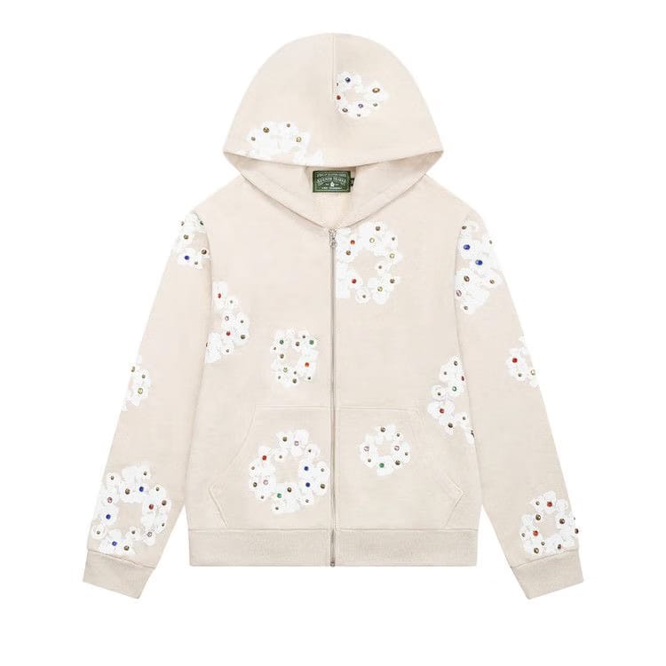 Denim Tears Rhinestone Wreath Zip Hoodie Oatmeal