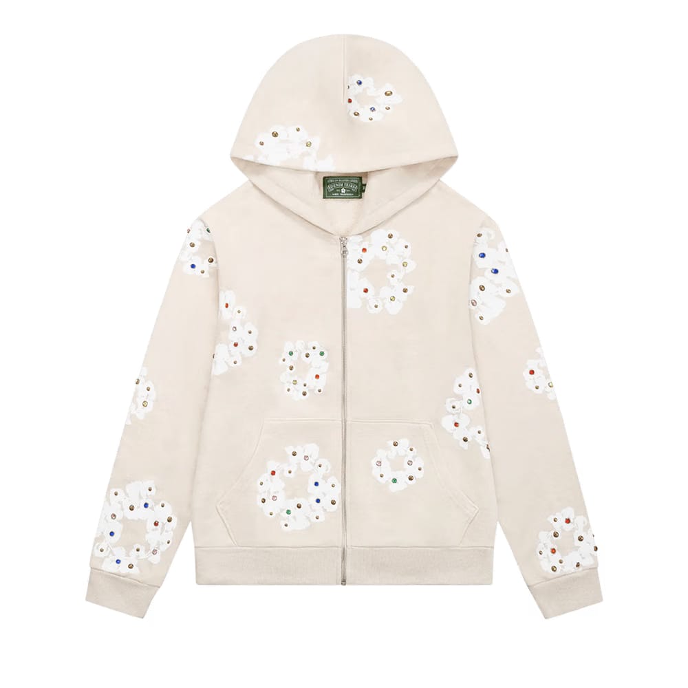 Denim Tears Rhinestone Wreath Zip Hoodie Oatmeal