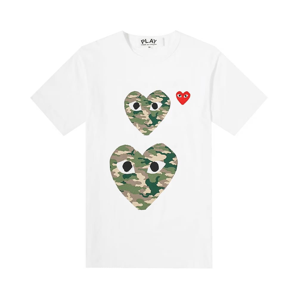 Comme des Garçons Shorts-Sleeve Play T-Shirt With Double Camo Hearts White