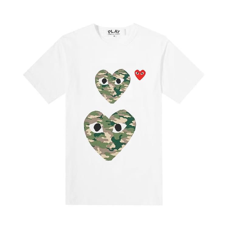 Comme des Garçons Shorts-Sleeve Play T-Shirt With Double Camo Hearts White