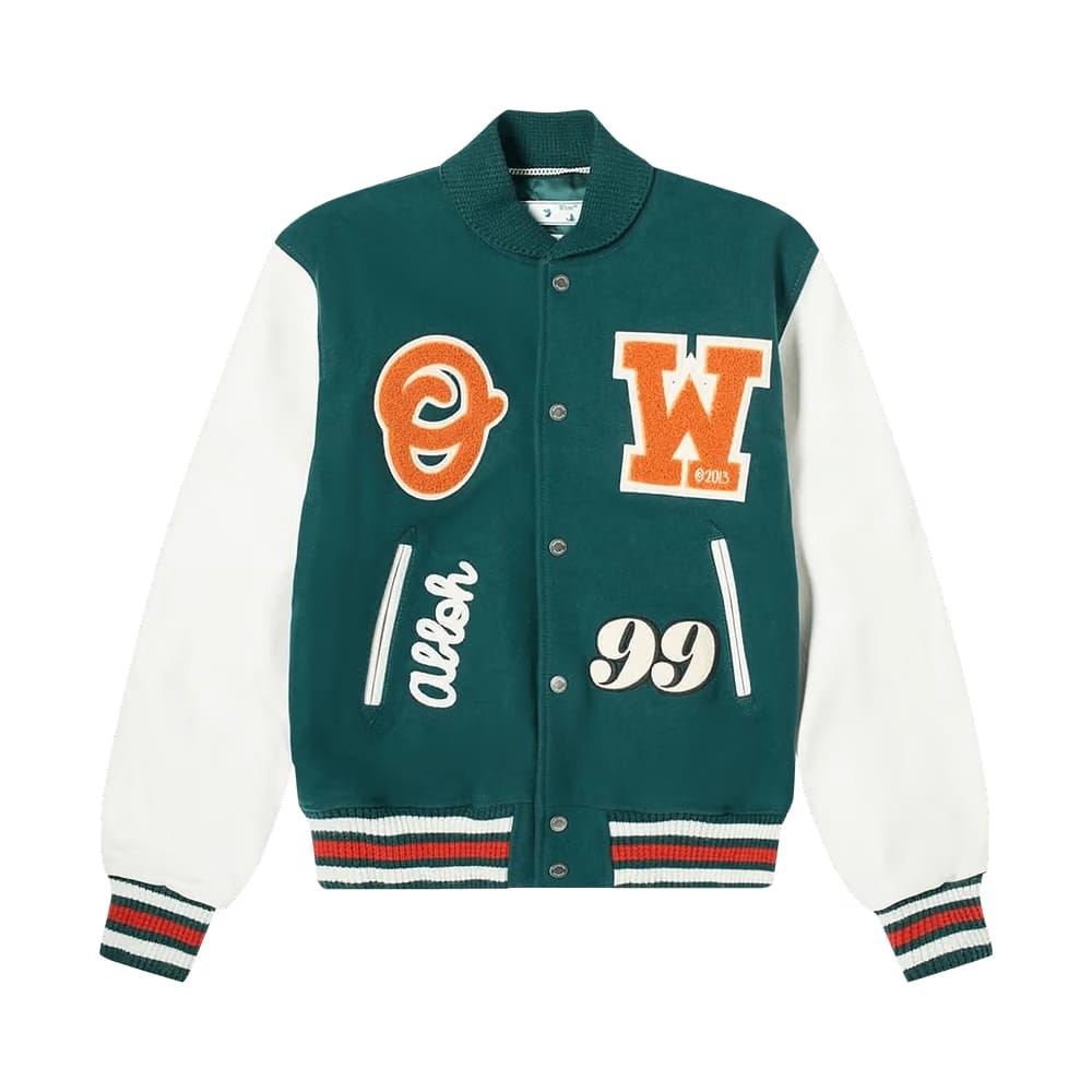 Off-White Barrel Leather Varsity Jacket Green/Orange
