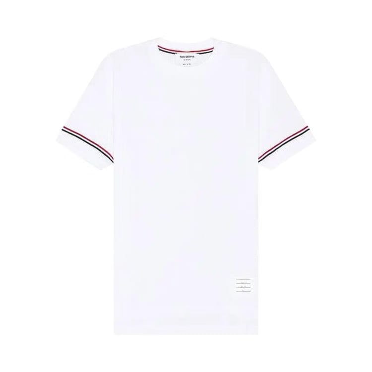 Thom Browne Shorts-Sleeve Rib Cuff T-Shirt in Cotton Waffle Natural White