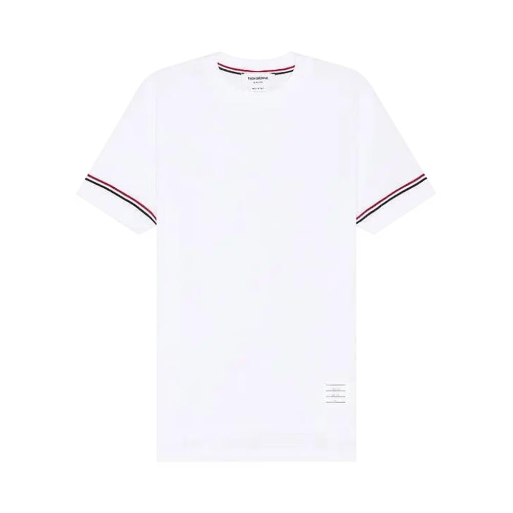 Thom Browne Shorts-Sleeve Rib Cuff T-Shirt in Cotton Waffle Natural White