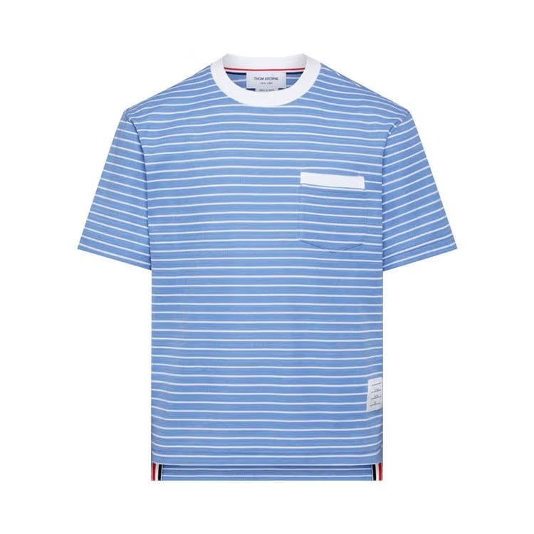 Thom Browne Short-Sleeve Pocket Tee in Summer Weight Milano Blue/White