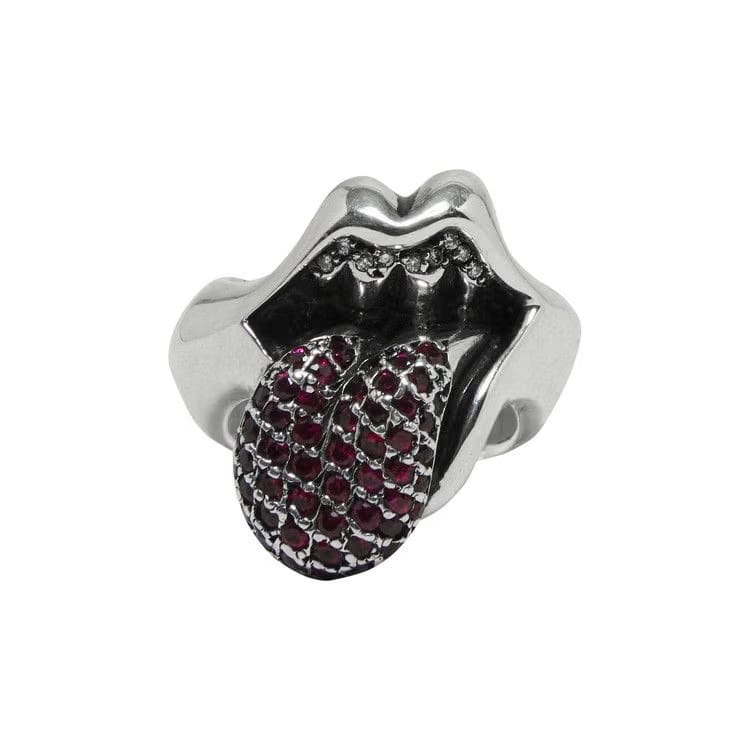 Chrome Hearts Diamond Studded Rolling Stones Ring Silver