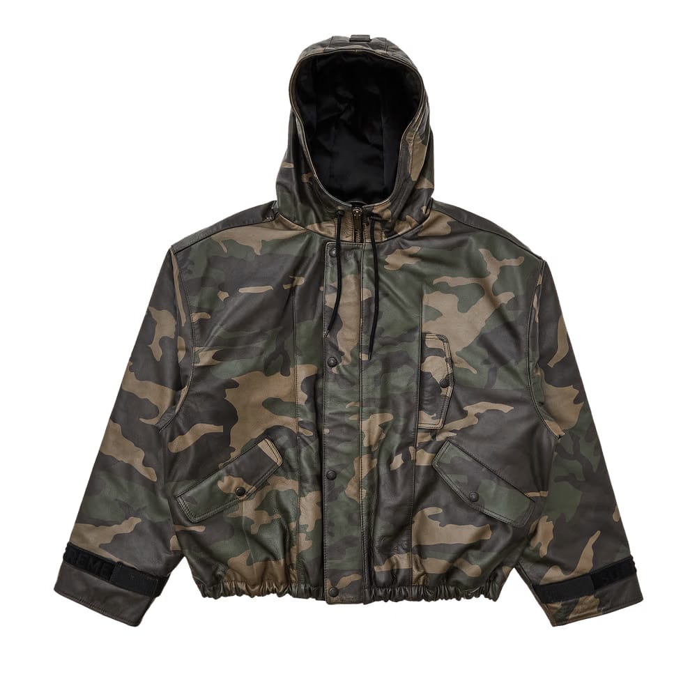Supreme x Martithé + François Girbaud Hooded Leather Flight Bomber Jacket Woodland Camo