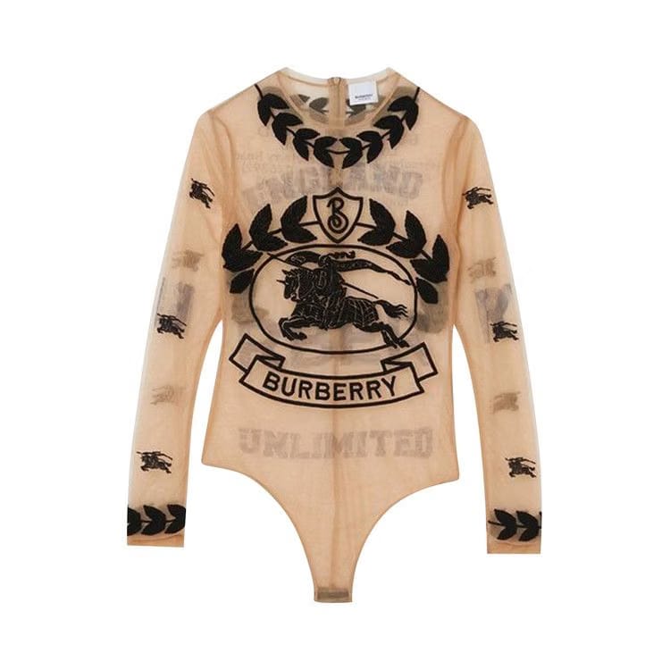 Burberry Embroidered Graphic Logo Mesh Bodysuit Camel