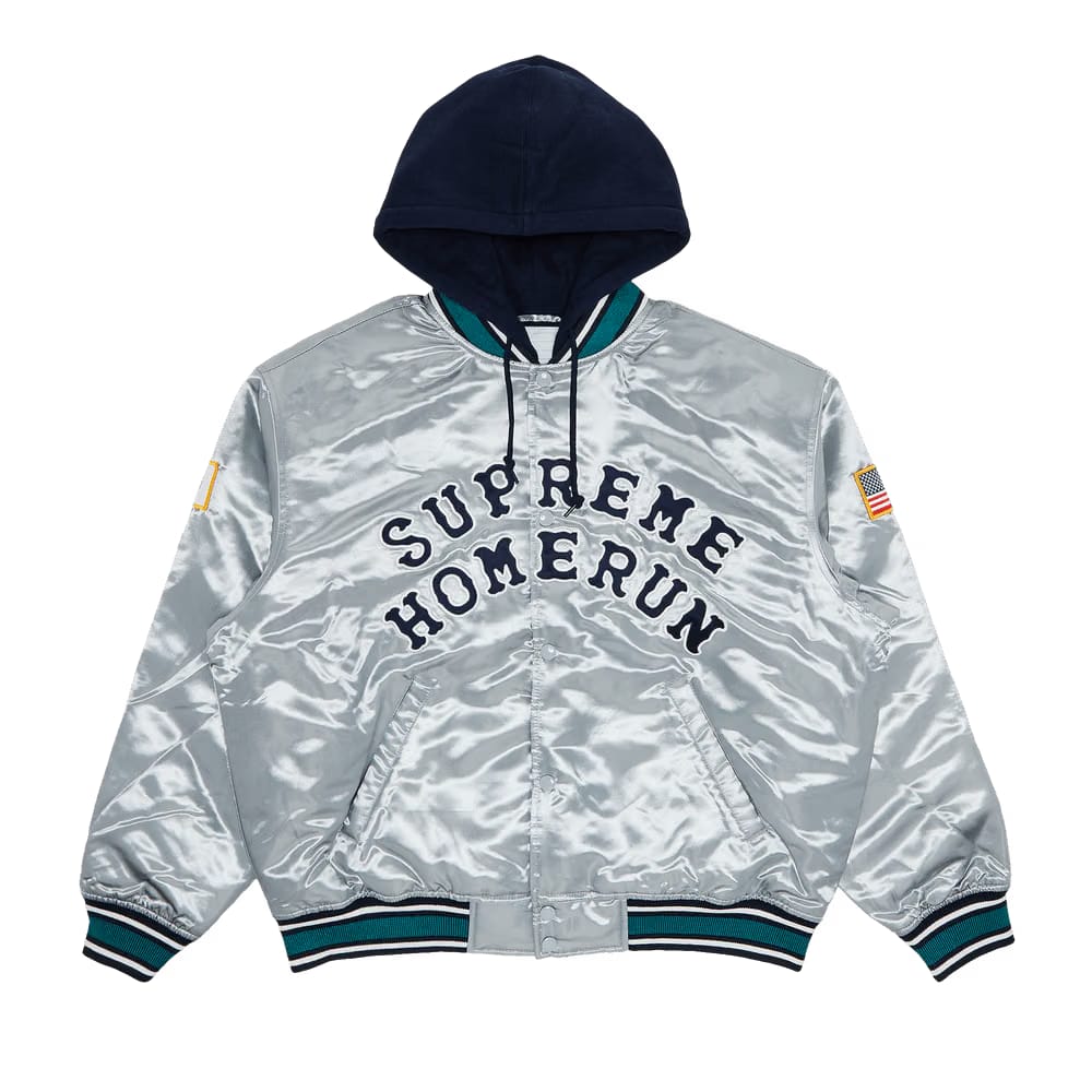 Supreme x Homerun Satin Hooded Varsity Jacket Silver