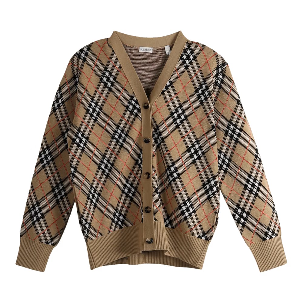 Burberry Checkered Button-Up Knit Cardigan Sand