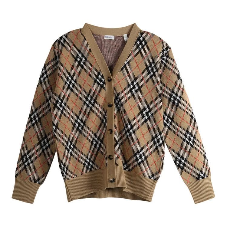 Burberry Checkered Button-Up Knit Cardigan Sand