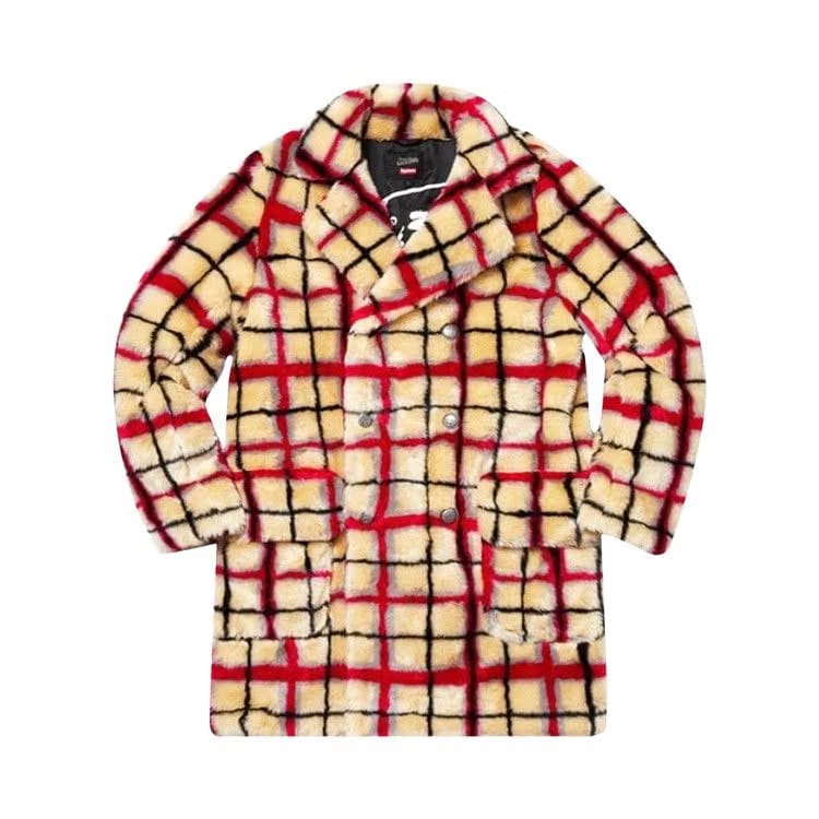 Supreme x Jean Paul Gaultier Double Breasted Plaid Faux Fur Coat White