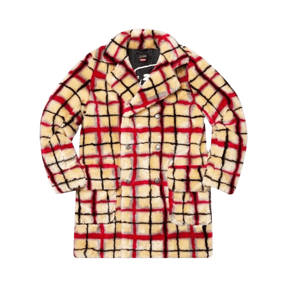 Supreme x Jean Paul Gaultier Double Breasted Plaid Faux Fur Coat White