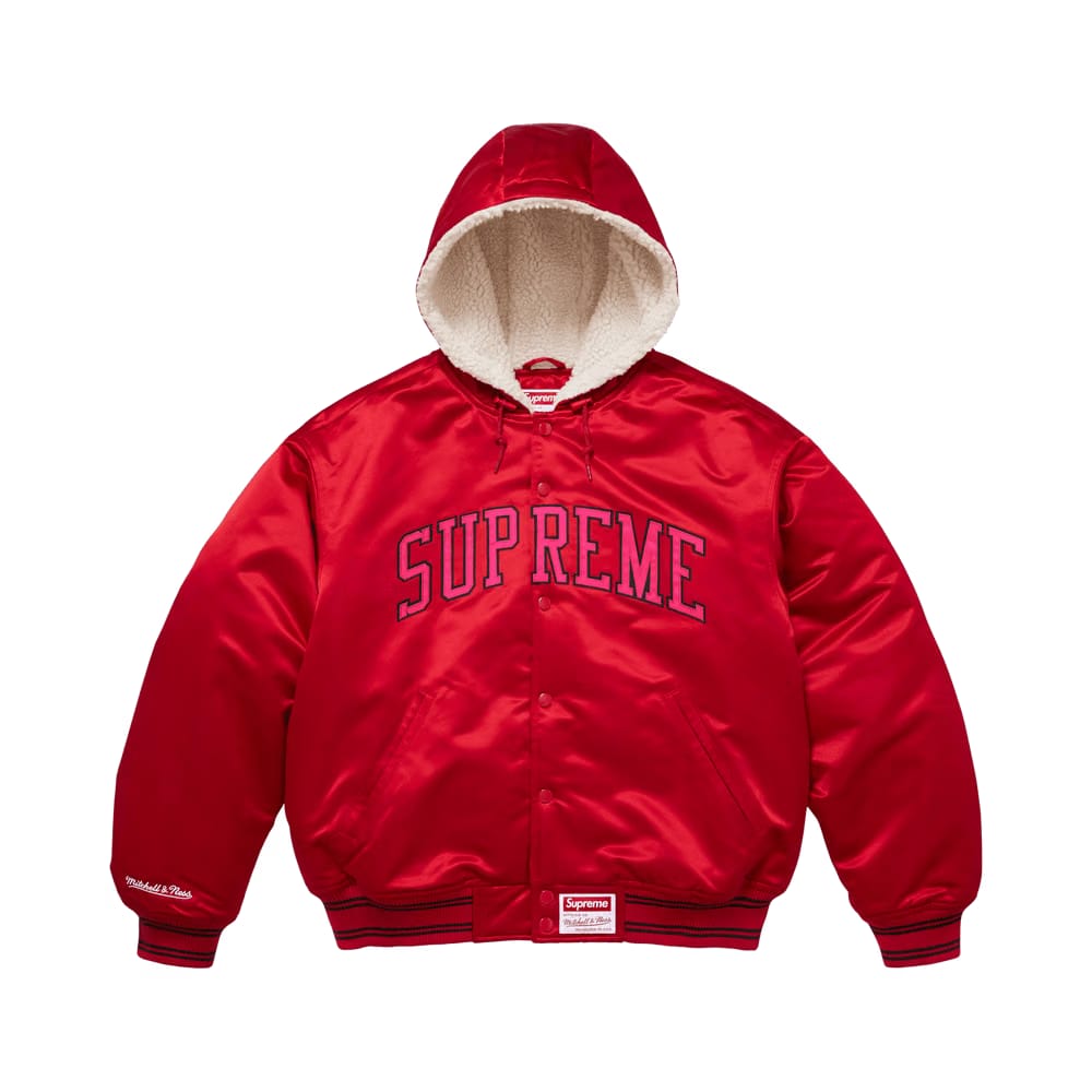 Supreme x Mitchell & Ness Lined Hooded Satin Varsity Jacket Red
