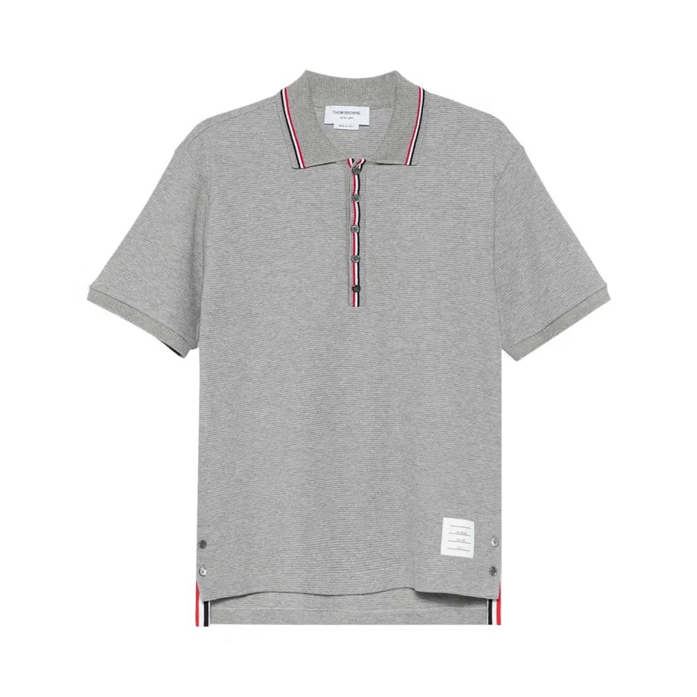 Thom Browne Shorts-Sleeve Rib Cuff Polo with RWB Stripe Light Grey