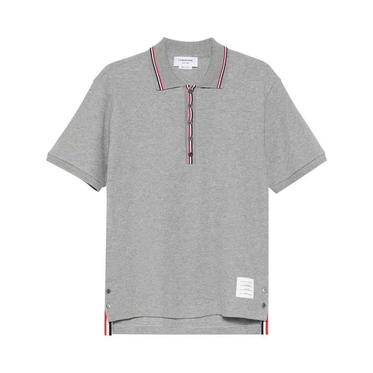 Thom Browne Shorts-Sleeve Rib Cuff Polo with RWB Stripe Light Grey