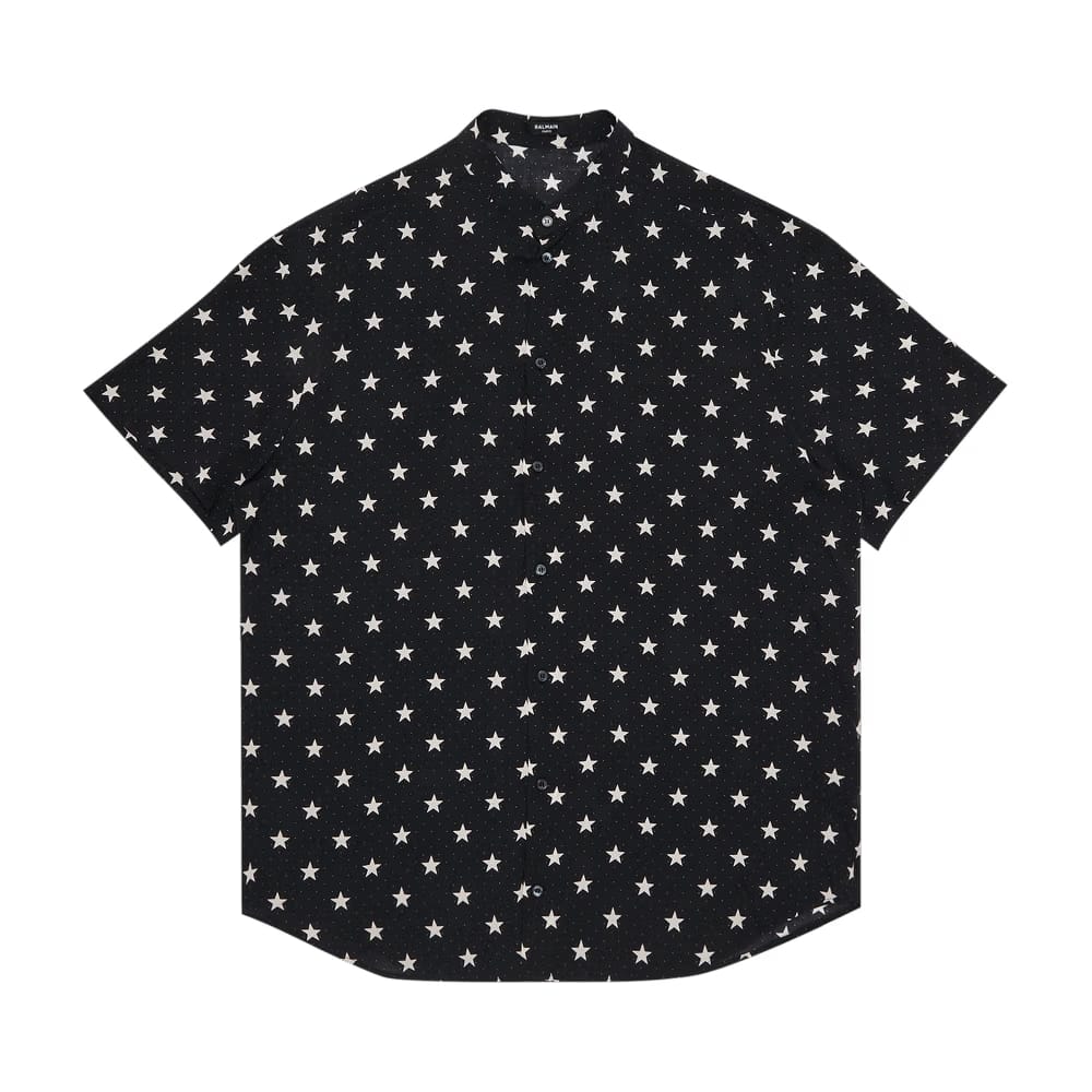 Balmain Shorts-Sleeve Stars Print Shirt Black/Ivory