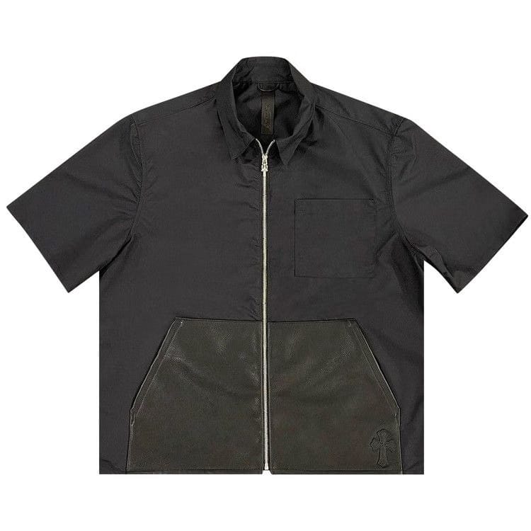 Chrome Hearts Nylon Zip Up Collar Shirt With Leather Pockets Black