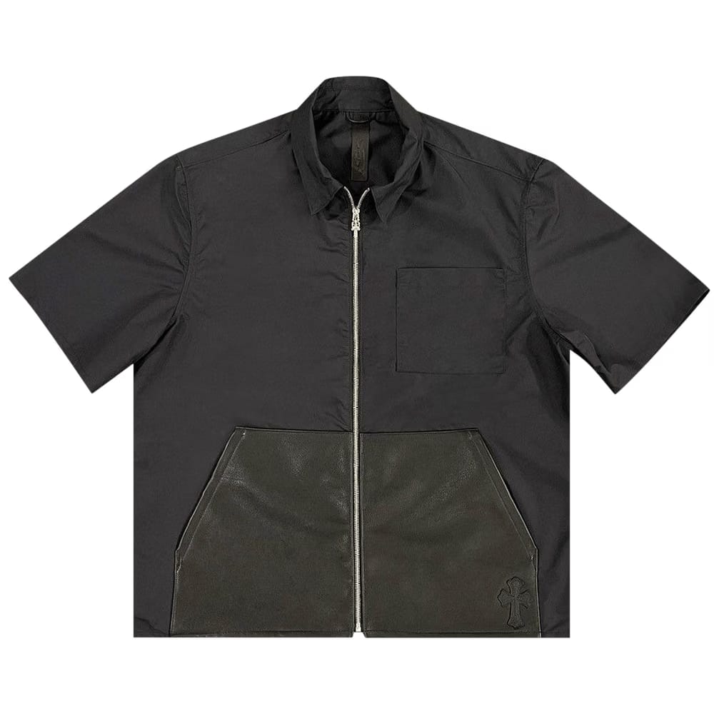 Chrome Hearts Nylon Zip Up Collar Shirt With Leather Pockets Black