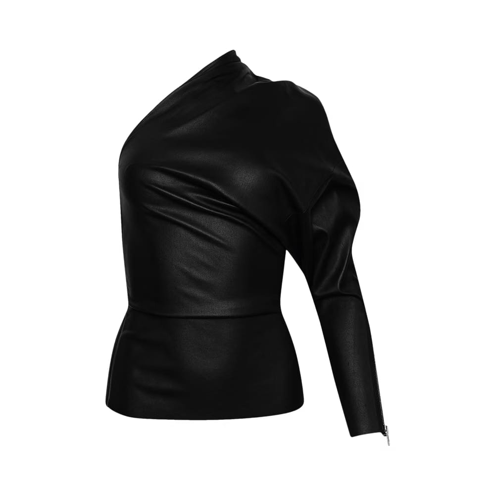 Rick Owens One Shoulder Lambskin Long-Sleeve Top Black
