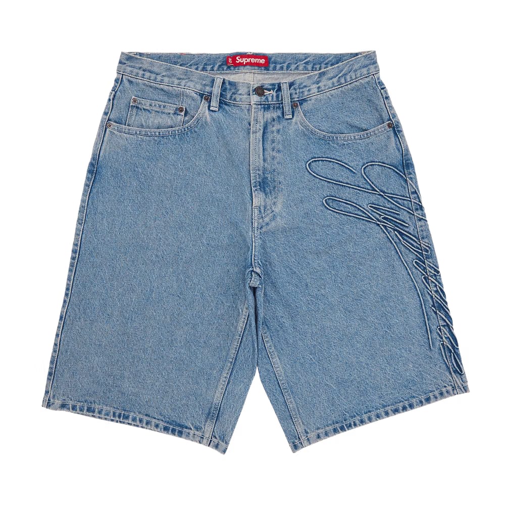 Supreme Script Baggy Denim Shorts Washed Indigo