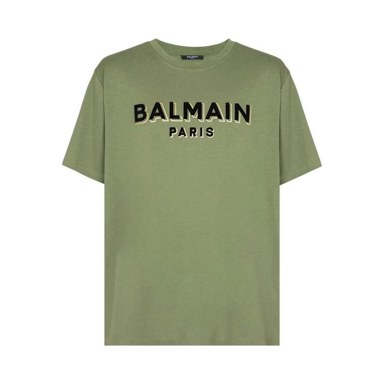Balmain Flock & Foil T-Shirt Khaki/Black/Gold