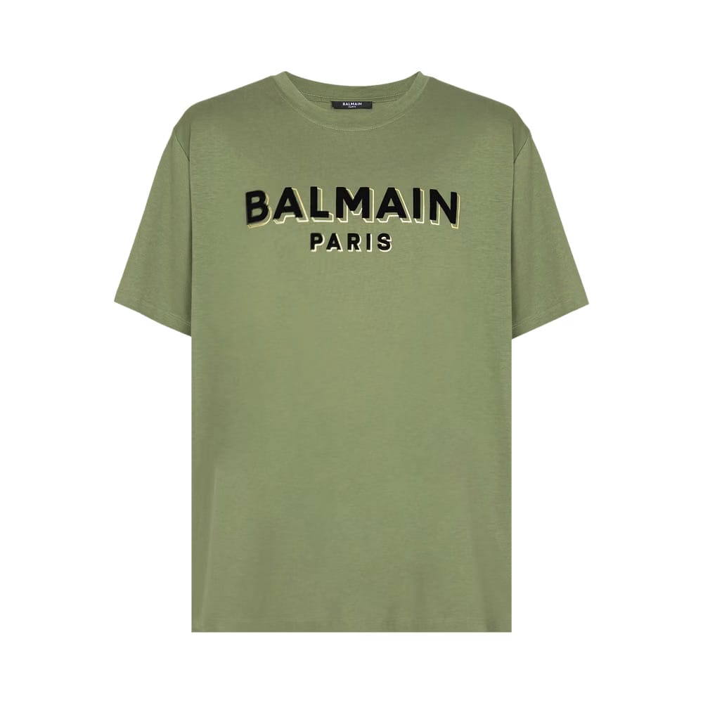 Balmain Flock & Foil T-Shirt Khaki/Black/Gold