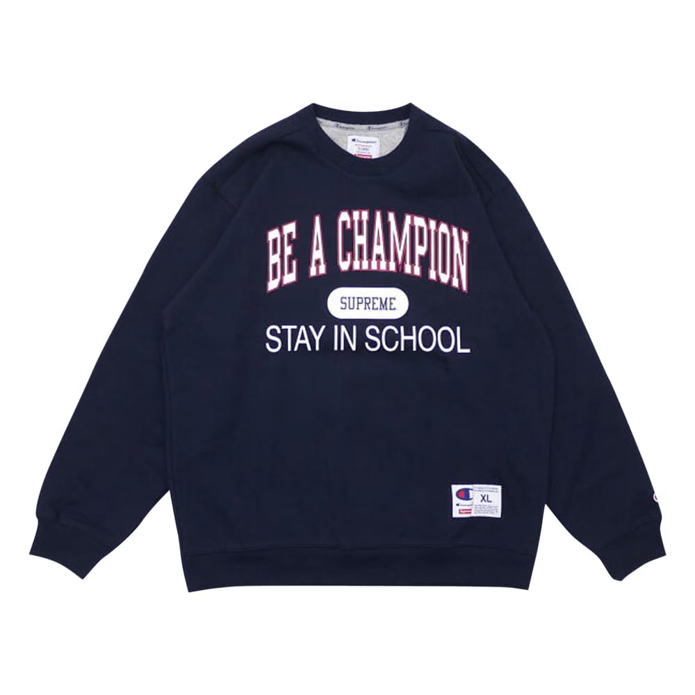 Supreme x Champion Stay In School Crewneck Navy