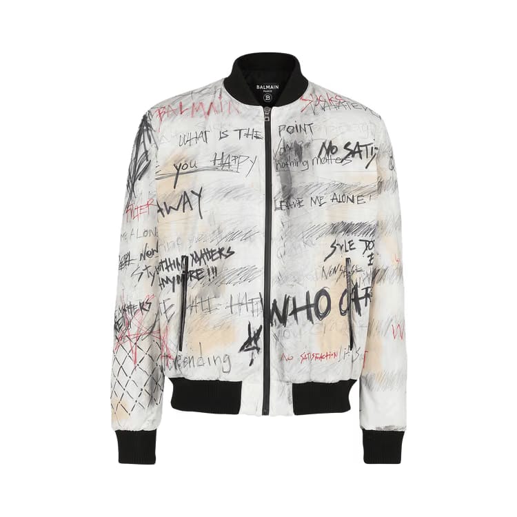 Balmain Nylon Bomber Jacket With Graffiti Print White