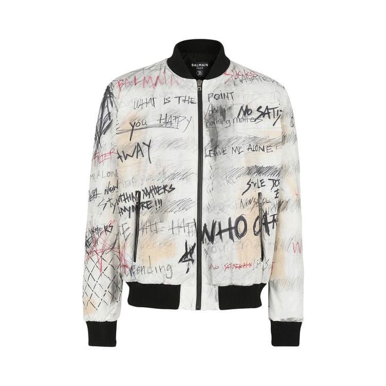 Balmain Nylon Bomber Jacket With Graffiti Print White