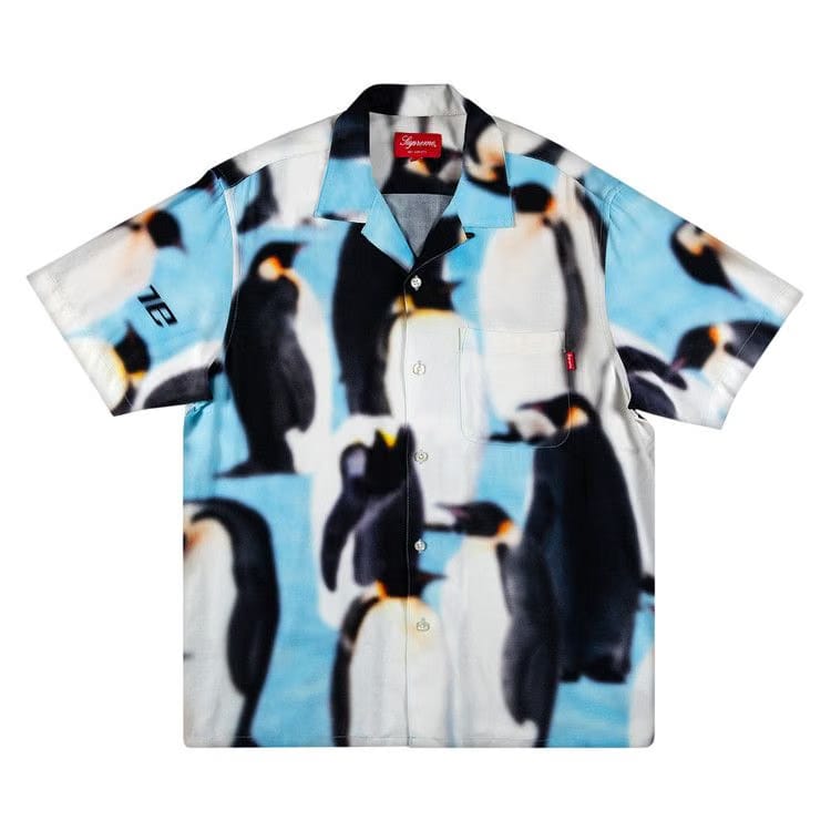 Supreme Penguins Rayon Shorts-Sleeve Shirt Blue