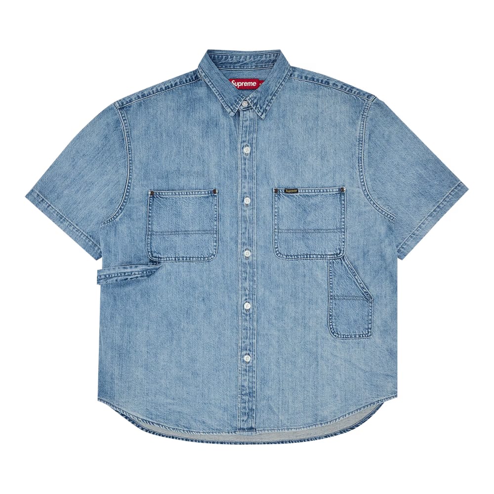 Supreme Loose Fit Shorts-Sleeve Denim Painter Shirt Washed Blue