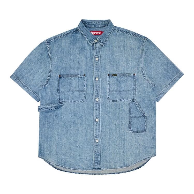 Supreme Loose Fit Shorts-Sleeve Denim Painter Shirt Washed Blue