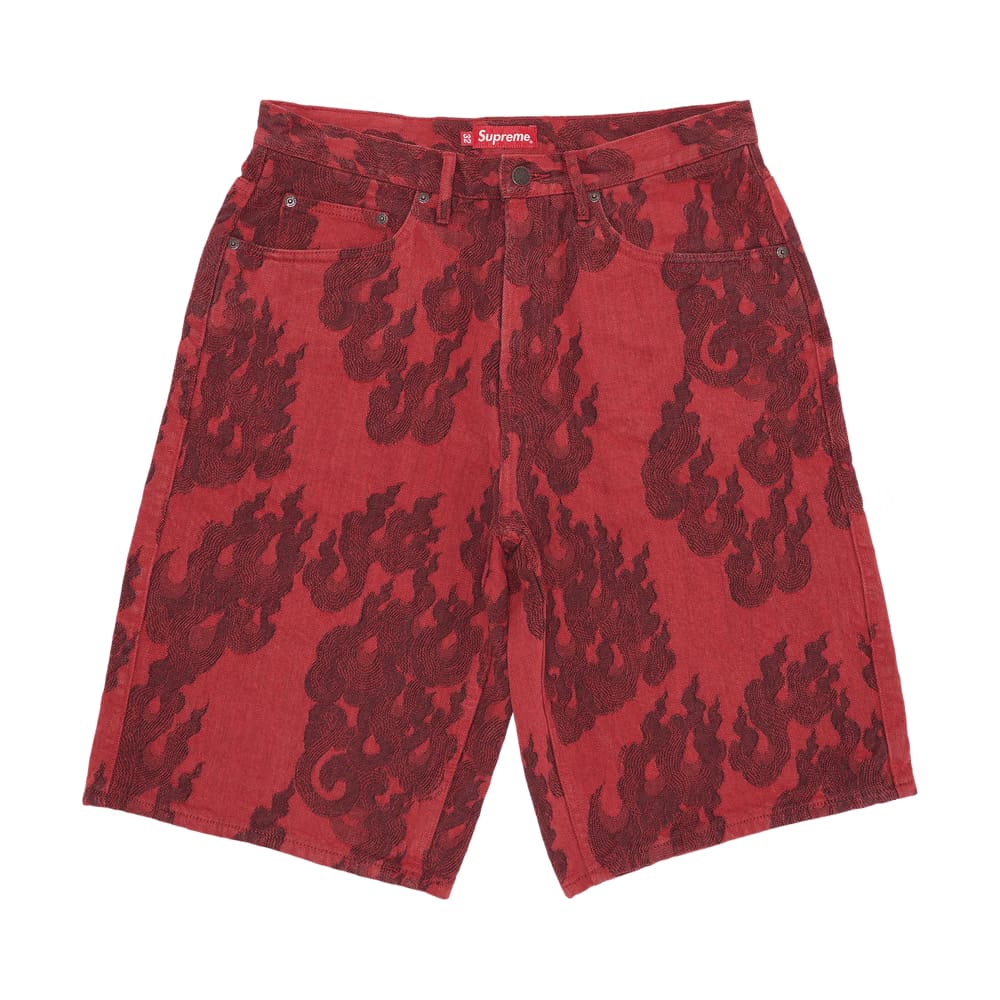 Supreme Flames Jacquard Baggy Denim Shorts Washed Red