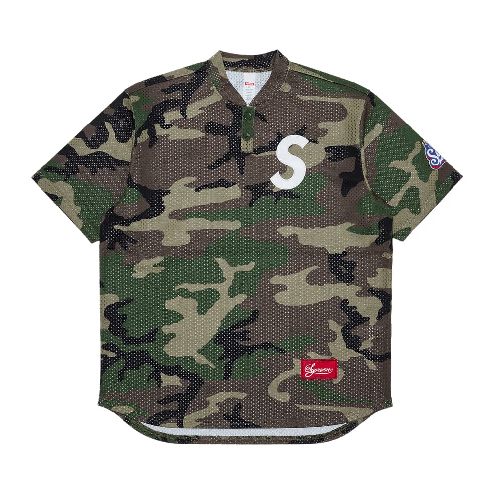 Supreme S Logo Baseball Henley Woodland Camo