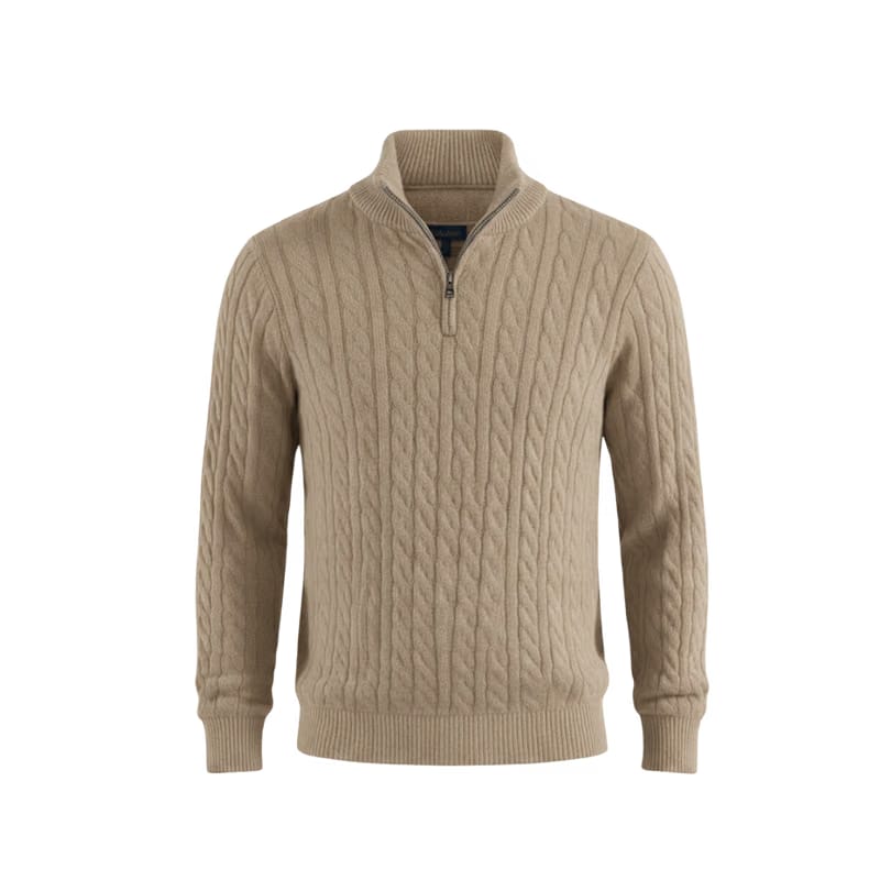 Heritage Cable Knit Quarter-Zip Sweater – Beige