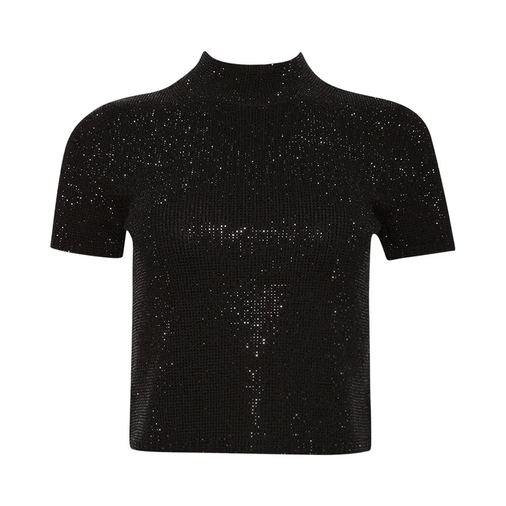 Alexander Wang Mock Neck T-Shirt W/ Allover Hotfix Crystal Black