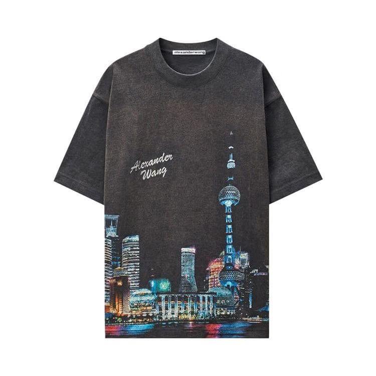 Alexander Wang Shorts-Sleeve T-Shirt W/ Allover Hotfix Graphic Washed Black