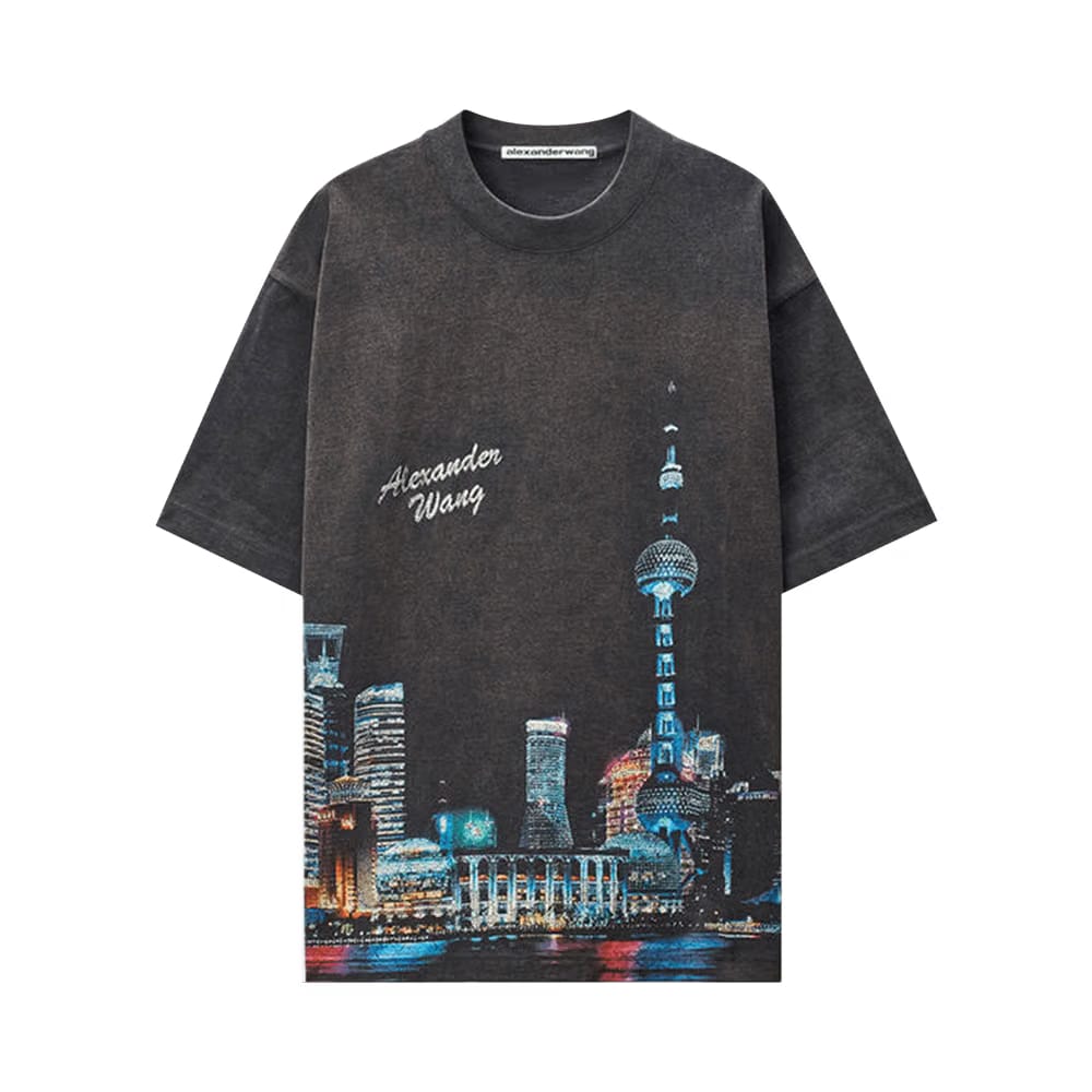 Alexander Wang Shorts-Sleeve T-Shirt W/ Allover Hotfix Graphic Washed Black