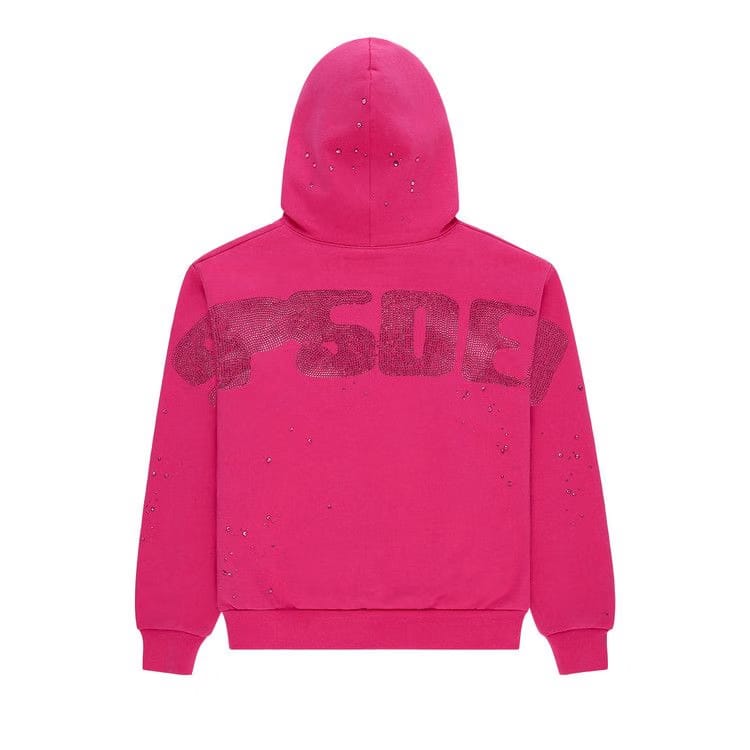 Sp5der Rhinestone Silk Hoodie Pink